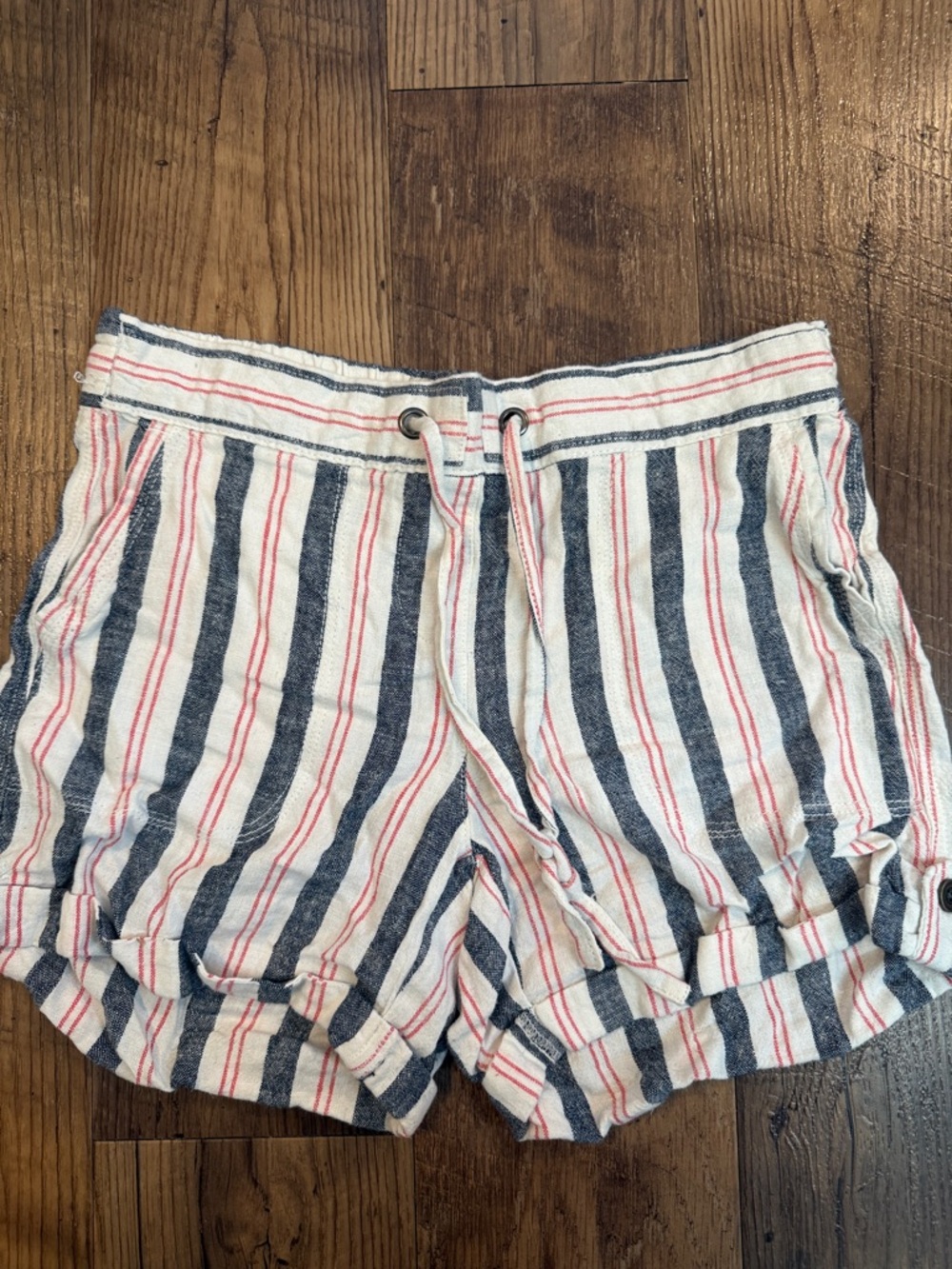 Striped Drawstring Shorts in White with Blue & Red